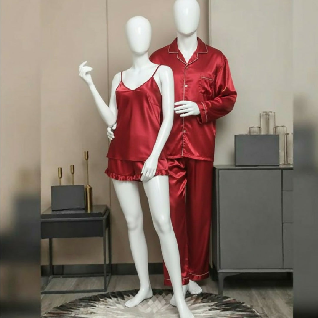 Premium Satin Silk Couple Night Suit Pajama - Short Set - Matching Luxury Nightwear for Men and Women - 4 Pcs