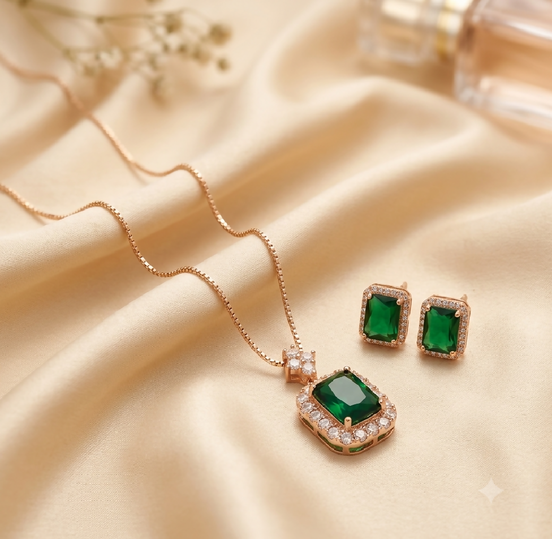 Zircon Emerald Cut Halo Set in Deep Green