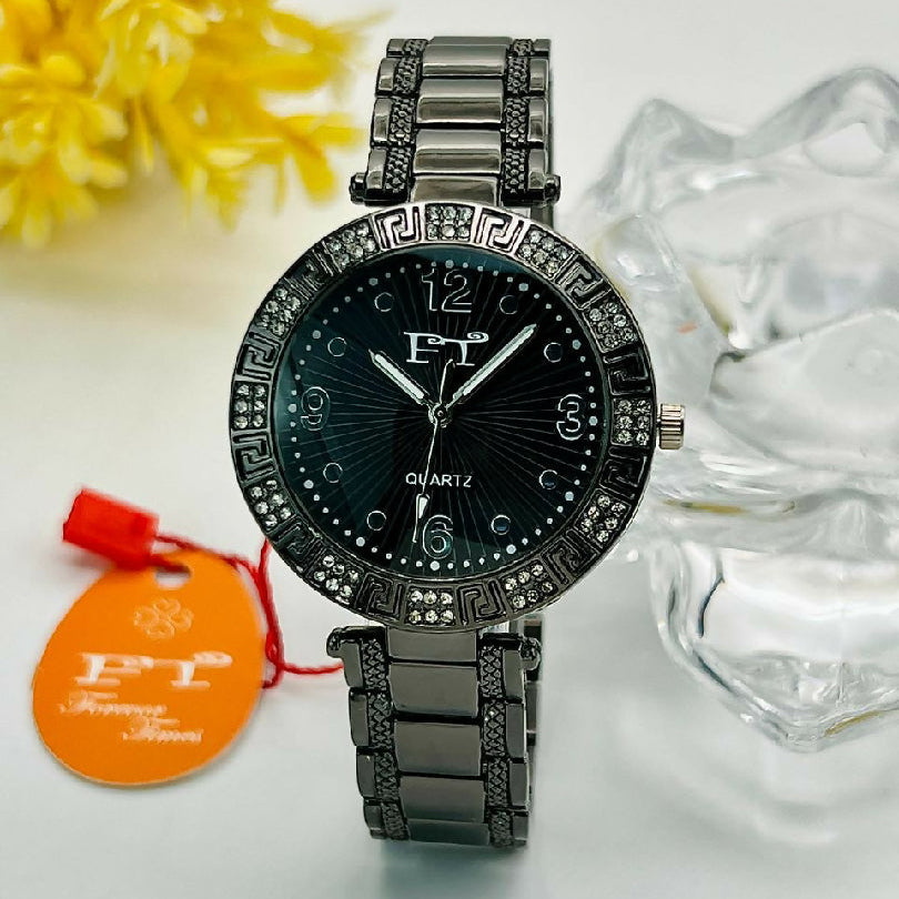 Ladies Luxury Metallic Link Strap Watch Water Resistant Stone Studded Timepiece