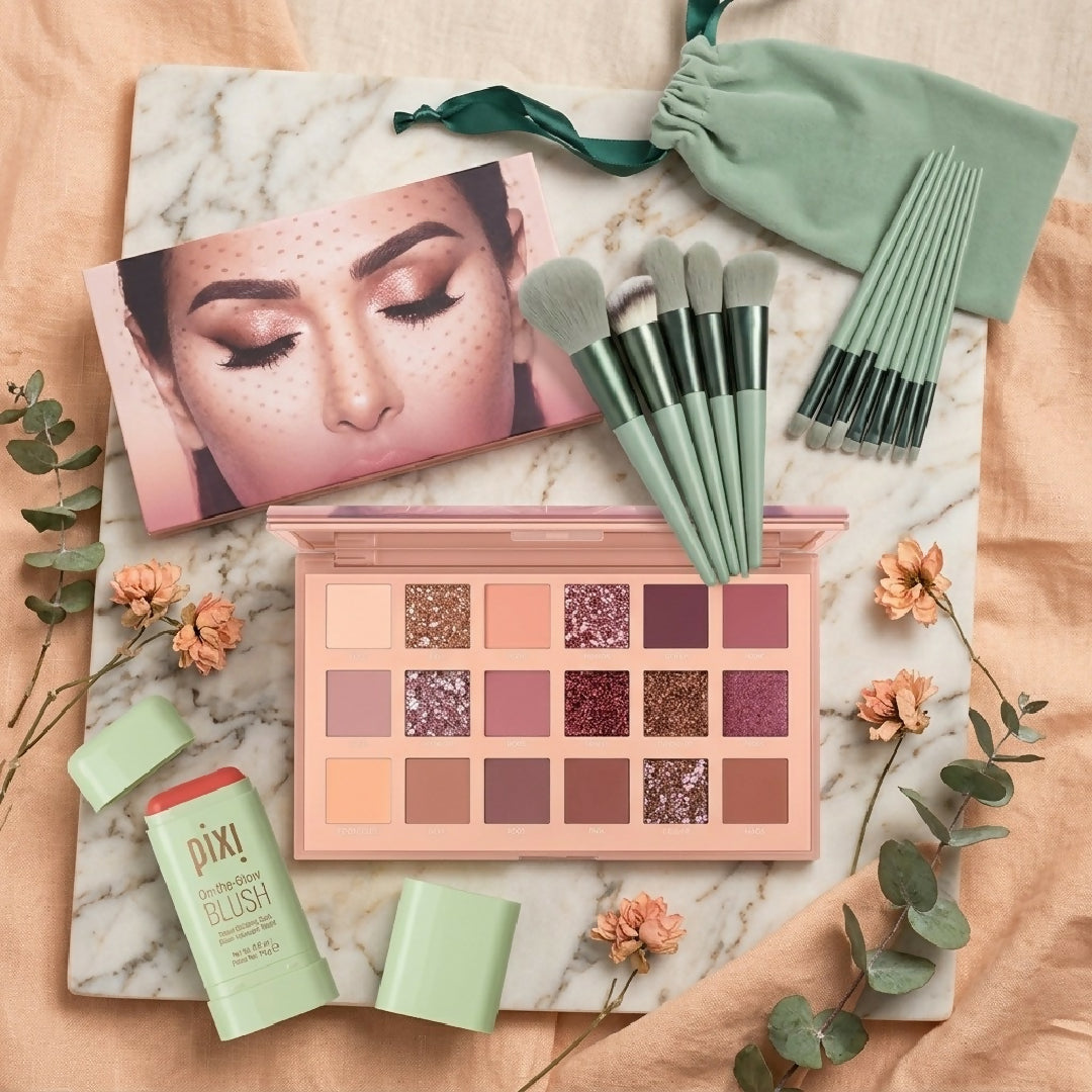 3-in-1 Makeup Combo Set Blush Stick 18 Color Eyeshadow Palette 13 PCS Makeup Brushes Kit