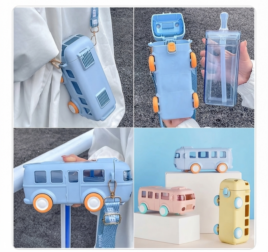500ml Cute Bus Shape Water Bottle For Kids With Straw And Strap Leakproof Portable Sipper Bottle