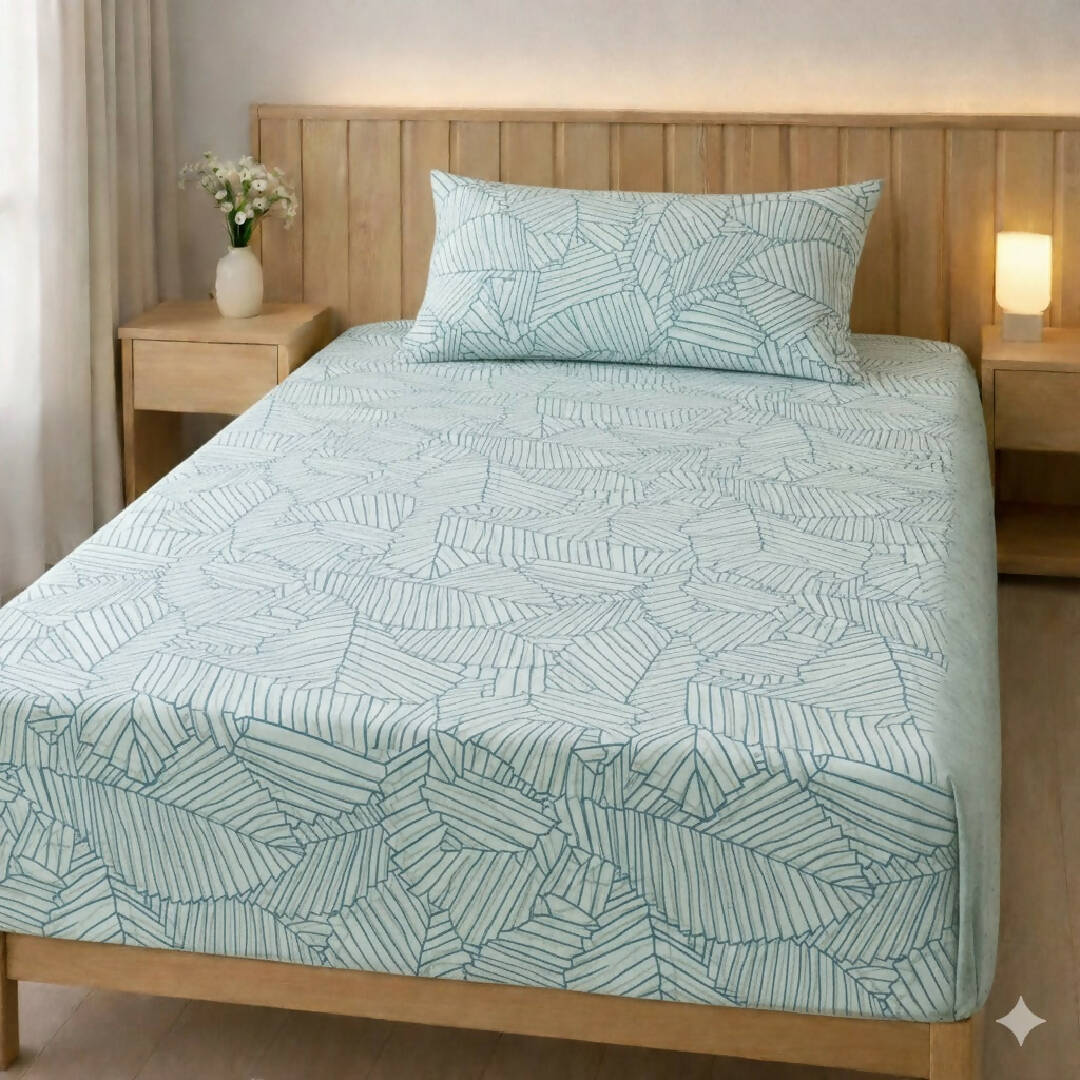 Single Bed Blue on White Cotton Leaf Printed Bedsheet with Pillow Cover