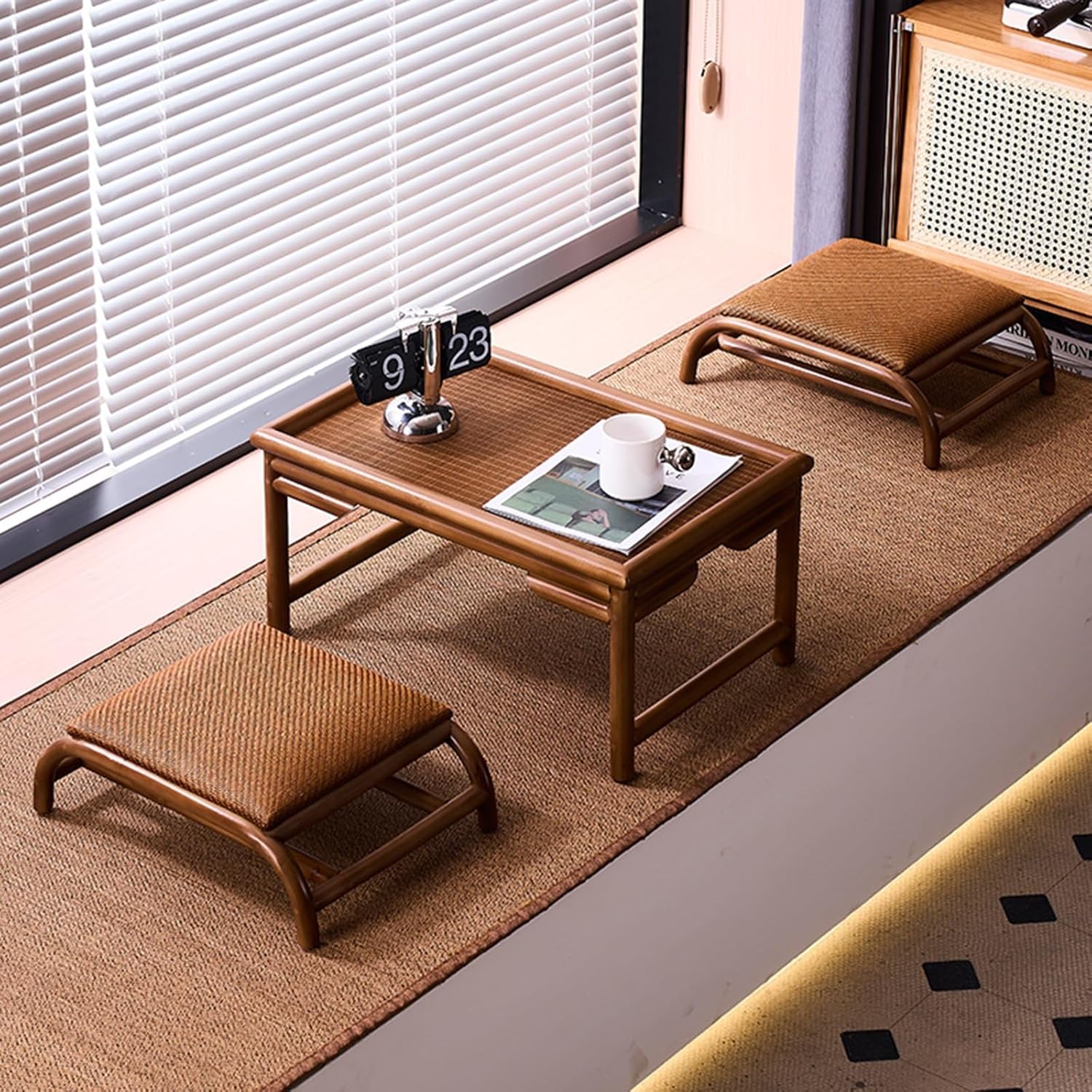 Japanese Tatami Wooden Coffee Table Set with Chairs – Balcony & Small Space Cocktail Set (60.2×40×30cm)