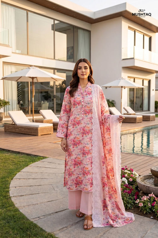3-Piece Unstitched Printed Lawn Suit with Two-Sided Embroidered Dupatta | Mushtaq Esha Collection – Design 2
