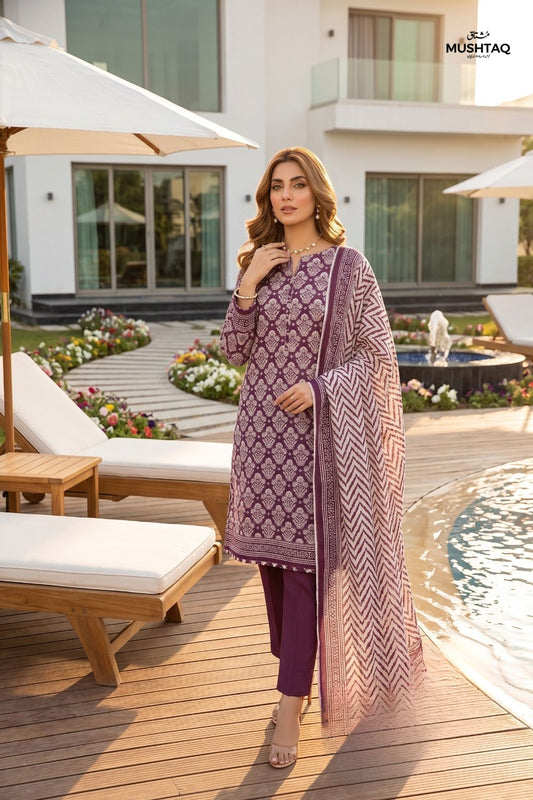 Mushtaq 3Pcs Unstitched Printed Lawn Naari Collection Desgin - 2