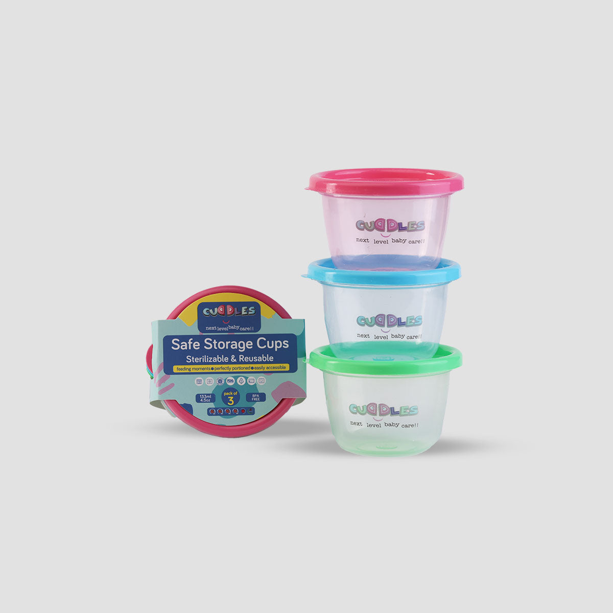 Cuddles Baby Pack of 3 Safe Food Storage Cups 133 ml