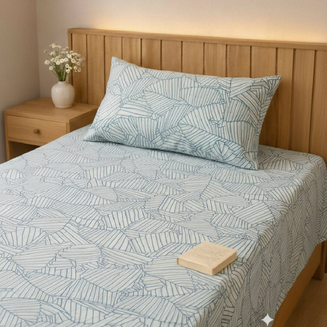 Single Bed Blue on White Cotton Leaf Printed Bedsheet with Pillow Cover