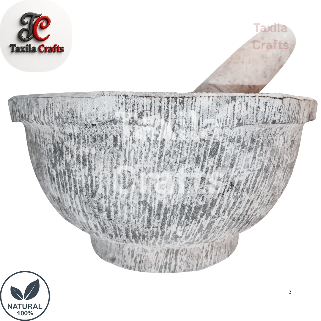 Large Size 10 Inch Handmade 8 Sided Black Stone Mortar with Stone Pestle Fully Textured Taxila Hills Stone
