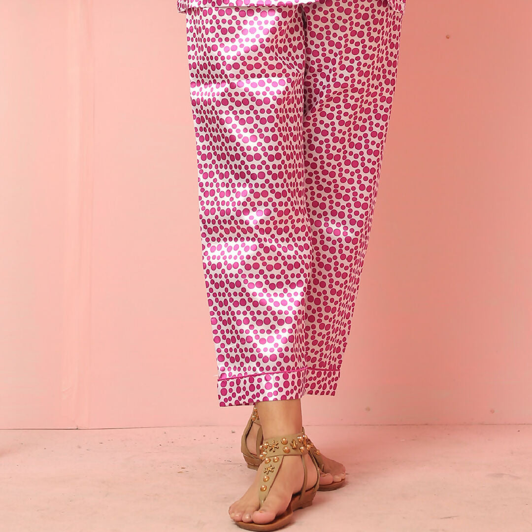 Blush Pink Satin Polka Dot Pajama Set with Eye Mask