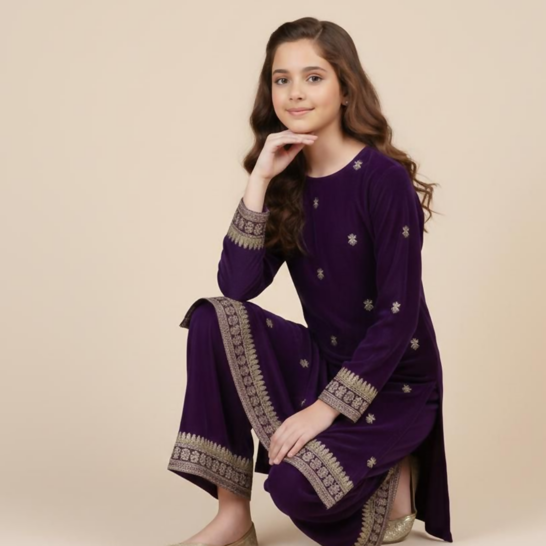 2 piece Embroidery Velvet Collection - Blue