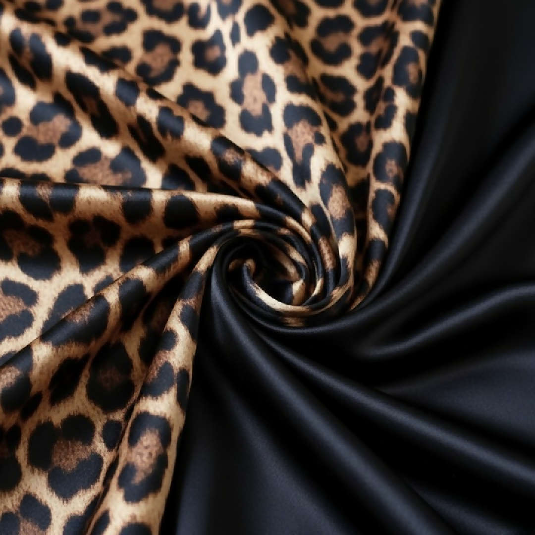 Couple Leopard Print and Black Satin Sleepwear Set - 4 Pcs Robe and Nightdress Set - DC-1021