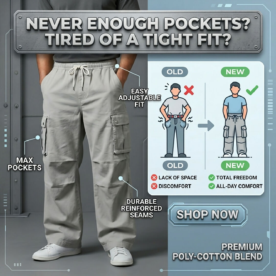 Mens Baggy Style 6 Pocket Cargo Trouser Light Grey