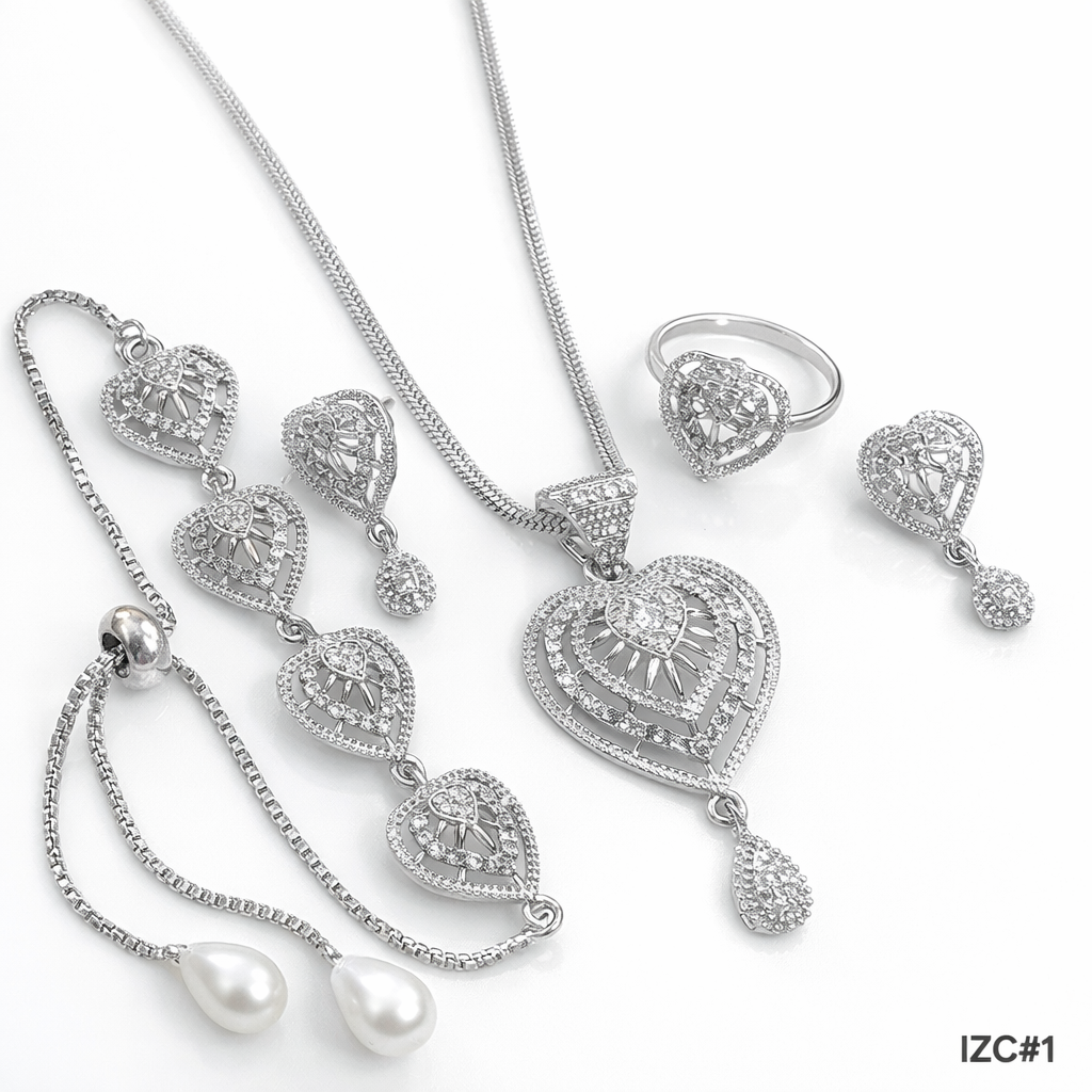 Zircon Heart Shaped Combo Set 18 Inch Chain