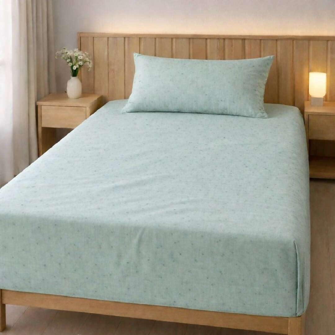 Single Bed Green Cotton Bedsheet with Pillow Cover