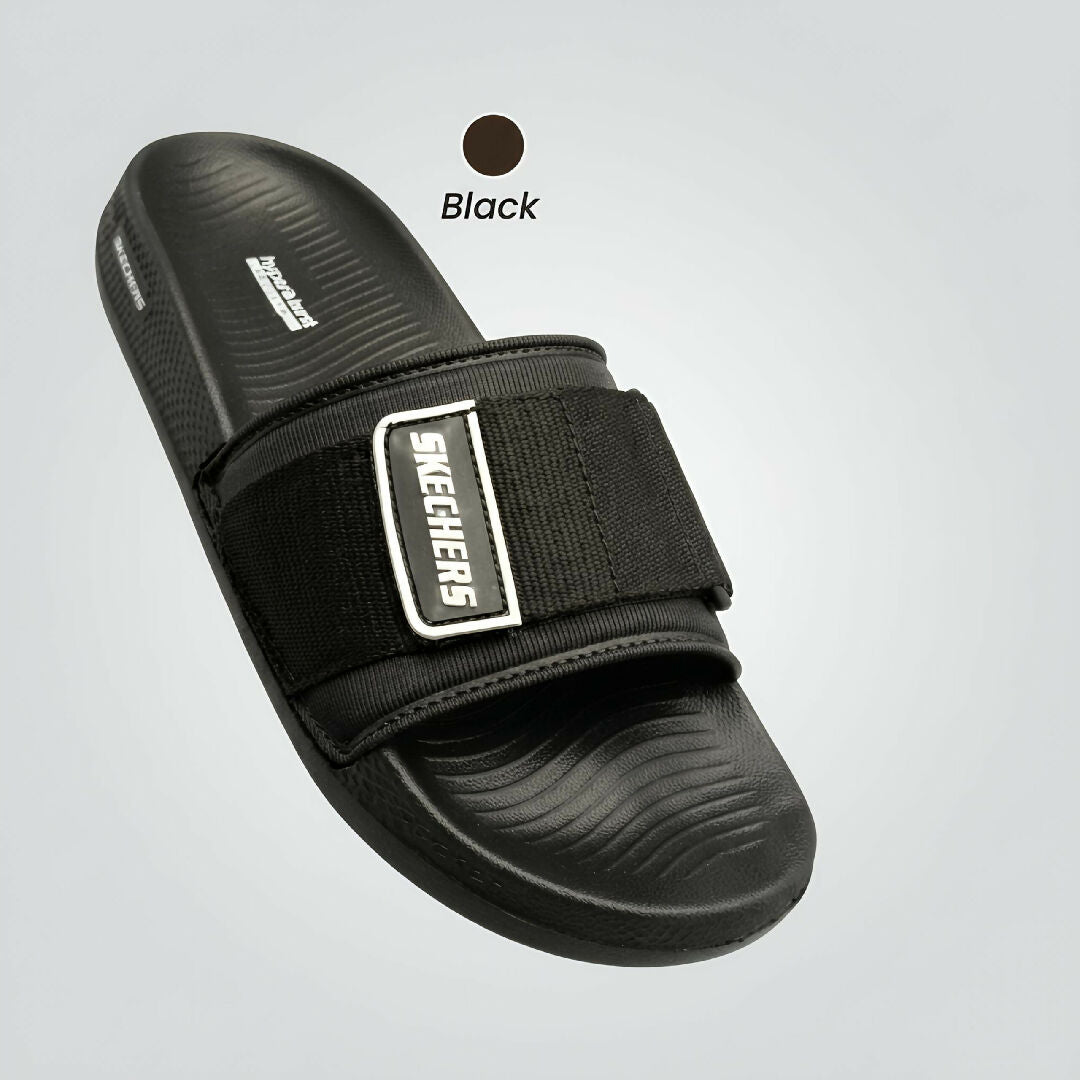 Skechers Hyper Burst Men Slides Premium Lightweight Comfort Slippers with Adjustable Strap and Soft Cushioned Sole in Black and Navy Blue