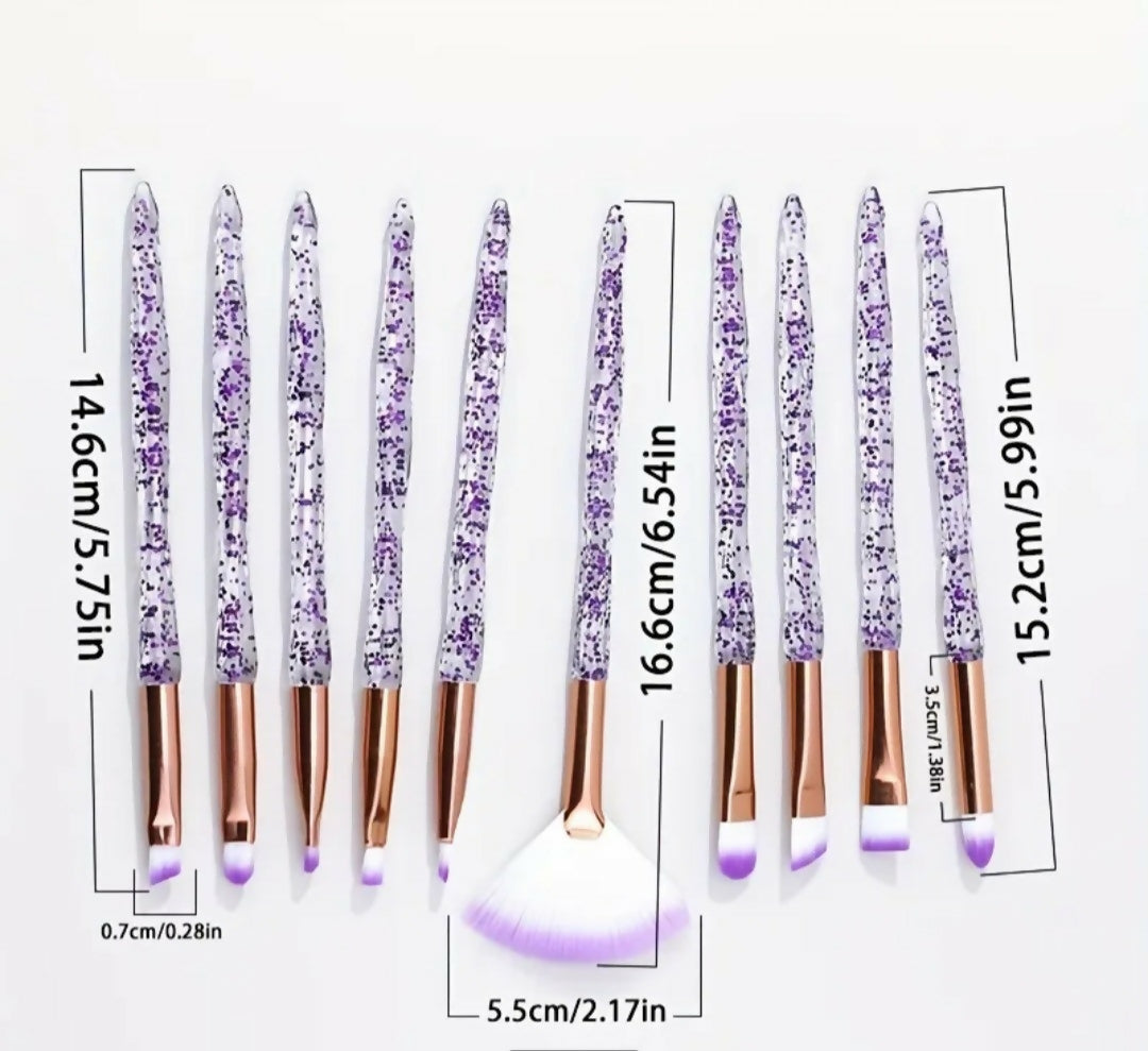 10 pcs baopinger makeup brush set with purpul glitter crystal handles soft bristles