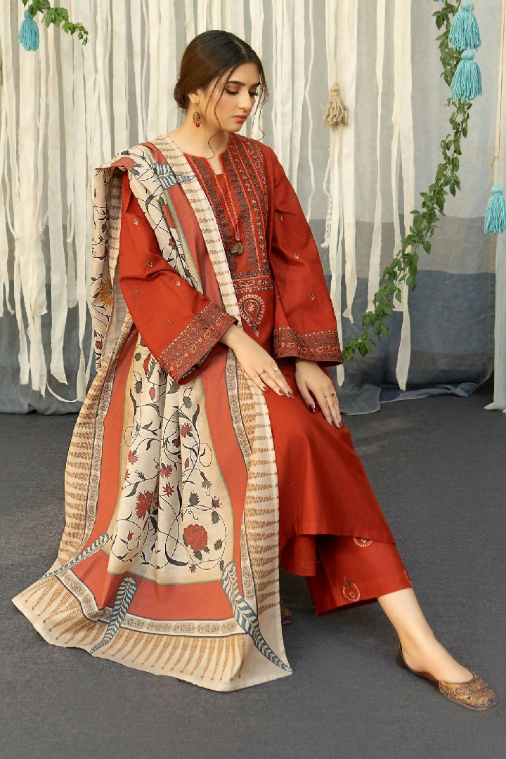 3PC Dhanak Embroidered Shirt - Couture Wool Print Shawl and Trouser - TANA-2292