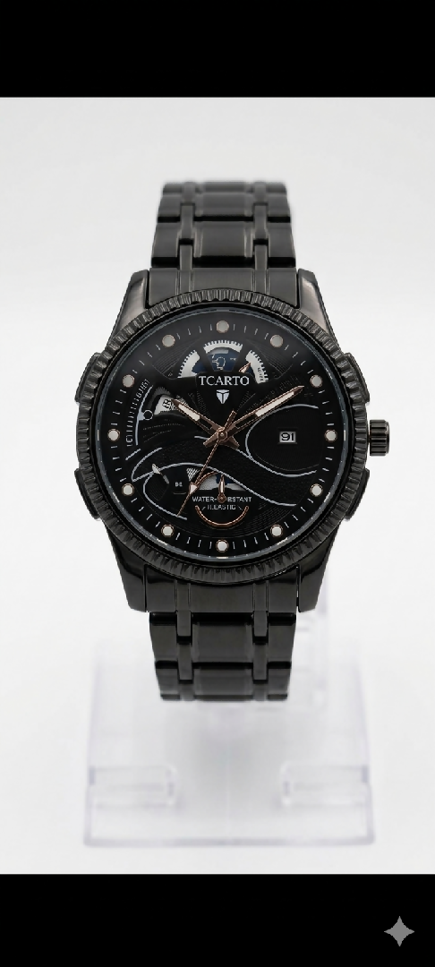 TCARTO Premium Black Skeleton Watch