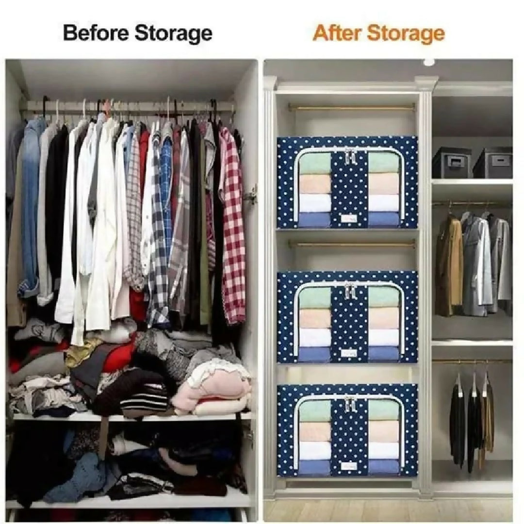 Foldable Metal Frame Clothes Storage Organizer Bag - Large Capacity Fabric Wardrobe Box with Zipper and Clear Window
