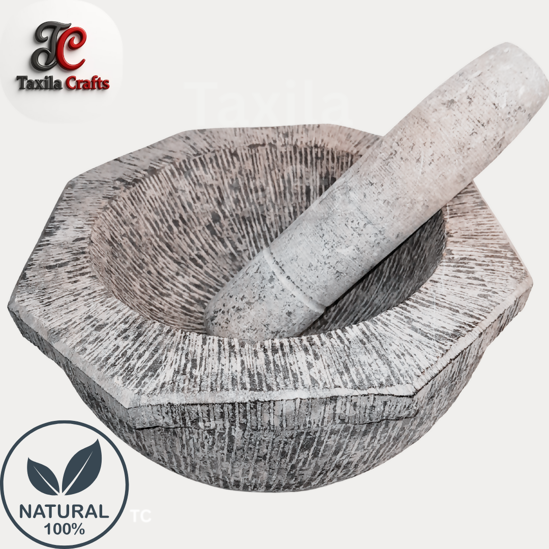 Large Size 10 Inch Handmade 8 Sided Black Stone Mortar with Stone Pestle Fully Textured Taxila Hills Stone