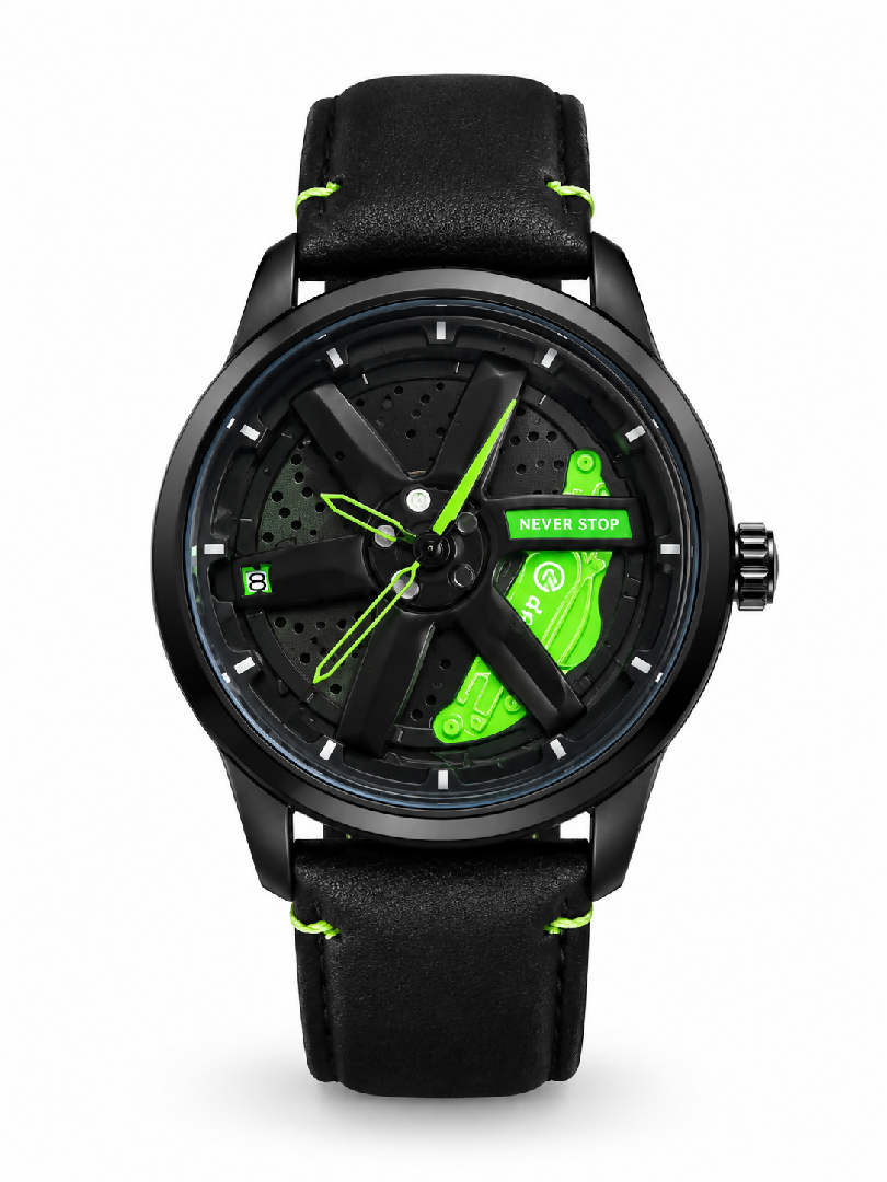 GYRO NS - Never Stop Watch With Rotating Wheel And Leather Strap