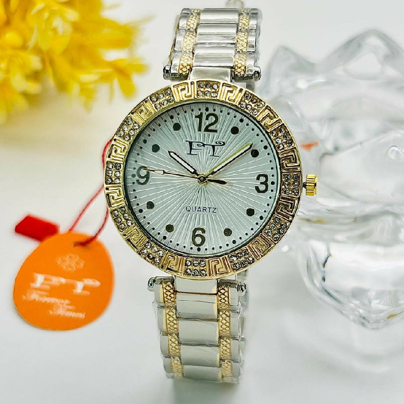 Ladies Luxury Metallic Link Strap Watch Water Resistant Stone Studded Timepiece