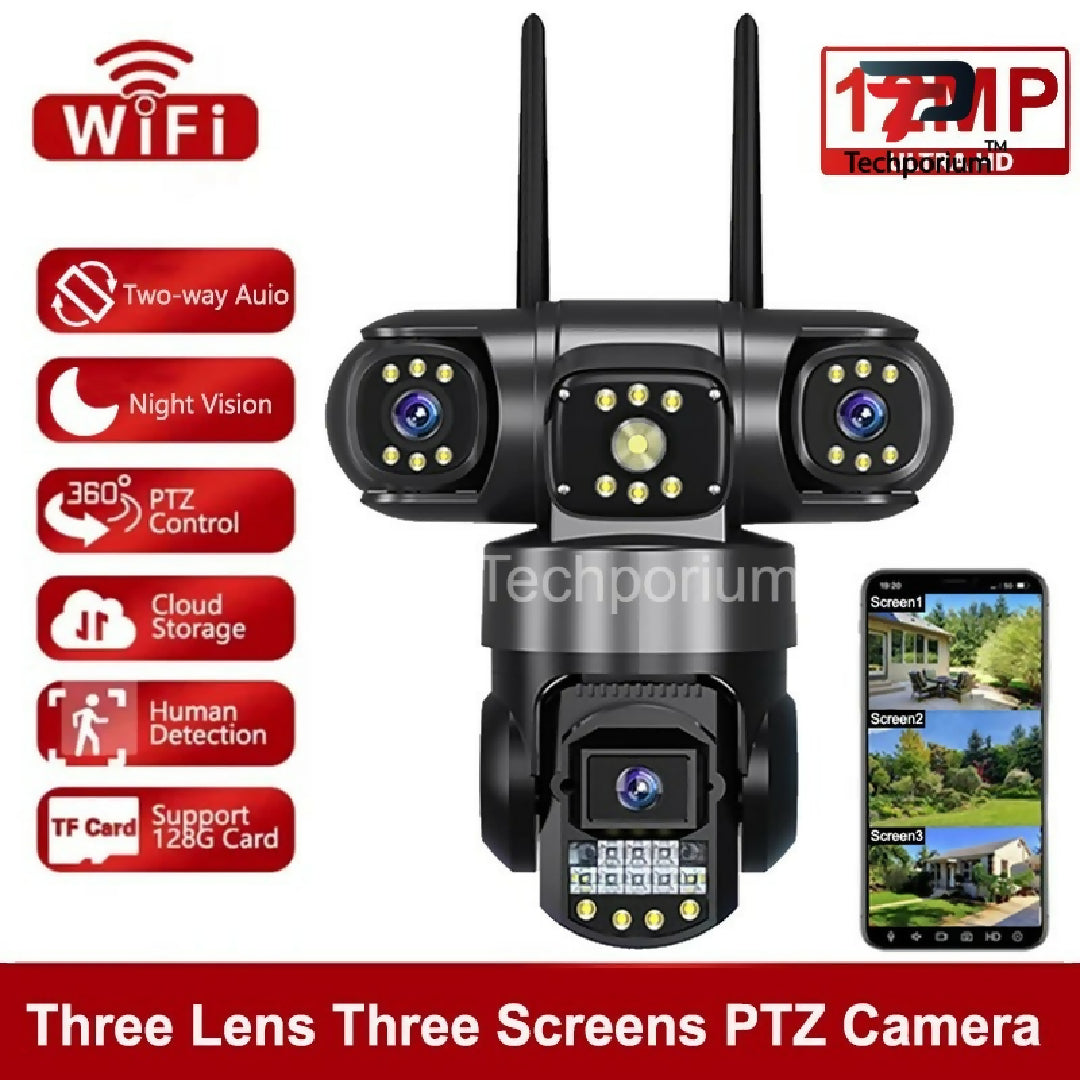 Smart 12MP WiFi 6K Ultra HD 3 Lens IP CCTV Camera PTZ Indoor Outdoor Security Camera with 16x Zoom Motion Detection Alarm Alerts Two Way Talk Audio Night Vision V380 Pro App Wireless Network Camera for Home Office Factory Warehouse Farm House