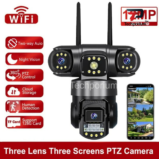 Smart 12MP WiFi 6K Ultra HD 3 Lens IP CCTV Camera PTZ Indoor Outdoor Security Camera with 16x Zoom Motion Detection Alarm Alerts Two Way Talk Audio Night Vision V380 Pro App Wireless Network Camera for Home Office Factory Warehouse Farm House