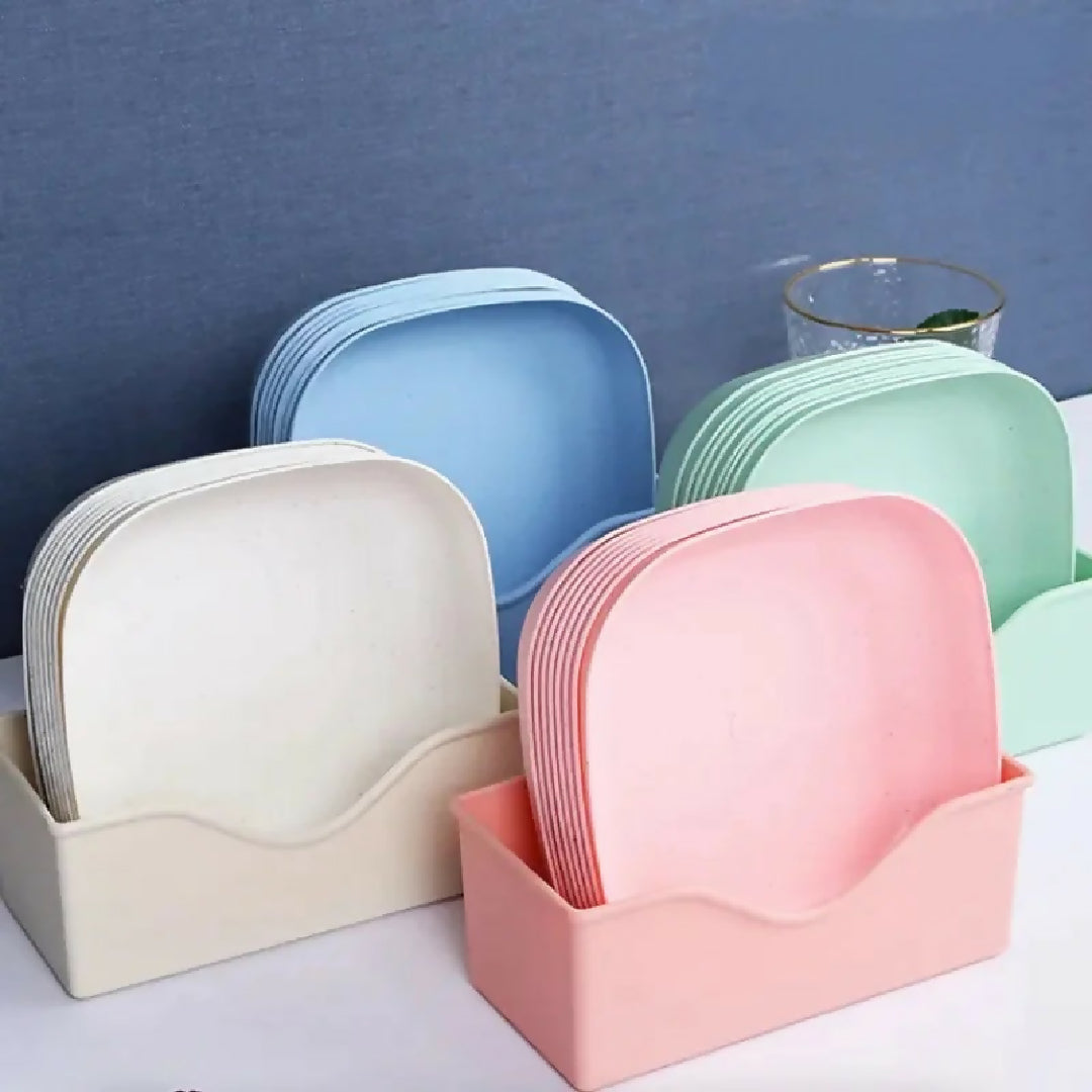 Plate Set Pack of 10 - Plastic Split Bone Dish Plates with Holder - Durable Serving Plates