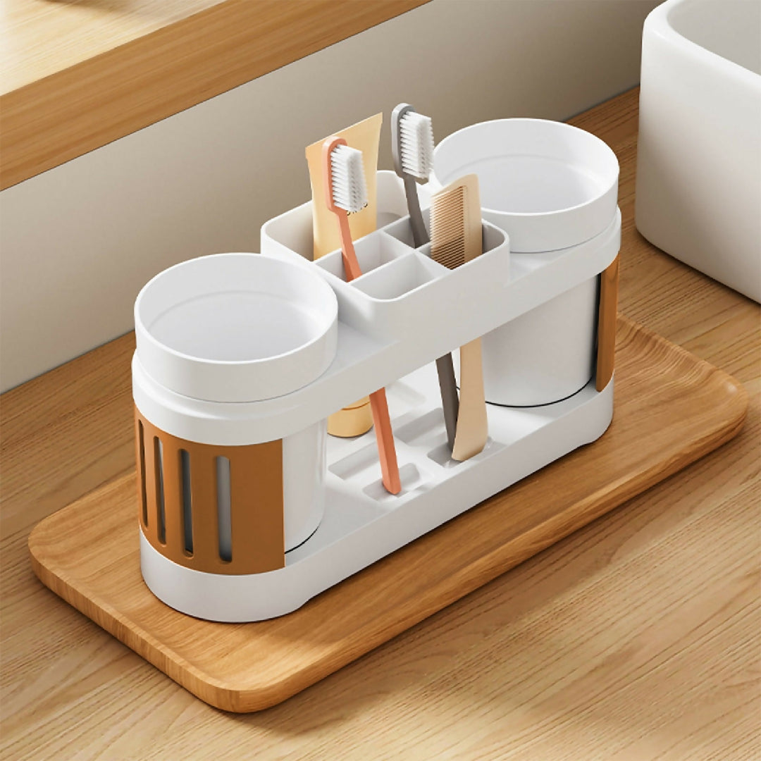 Toothbrush Holders for Bathrooms Toothbrush Holder with 2 Cups Set Tooth Brush Toothpaste Caddy Storage Small Bathroom Countertop Organizer Stand
