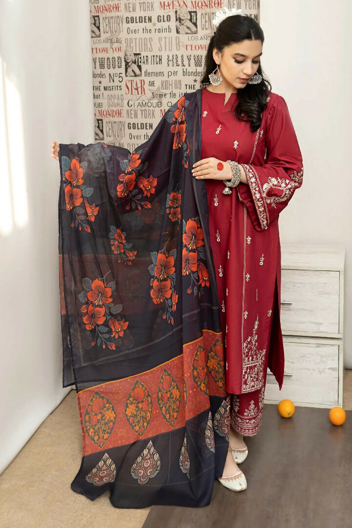3PC LAWN EMBROIDERED SHIRT WITH MANAAR PRINTED DUPATTA AND EMBROIDERED TROUSER - HZG1595