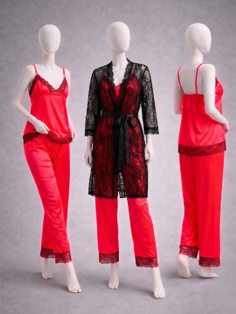 Elegant 3-Piece Womens Nightwear Set Silk Cami Pyjamas Lace Robe Free Size