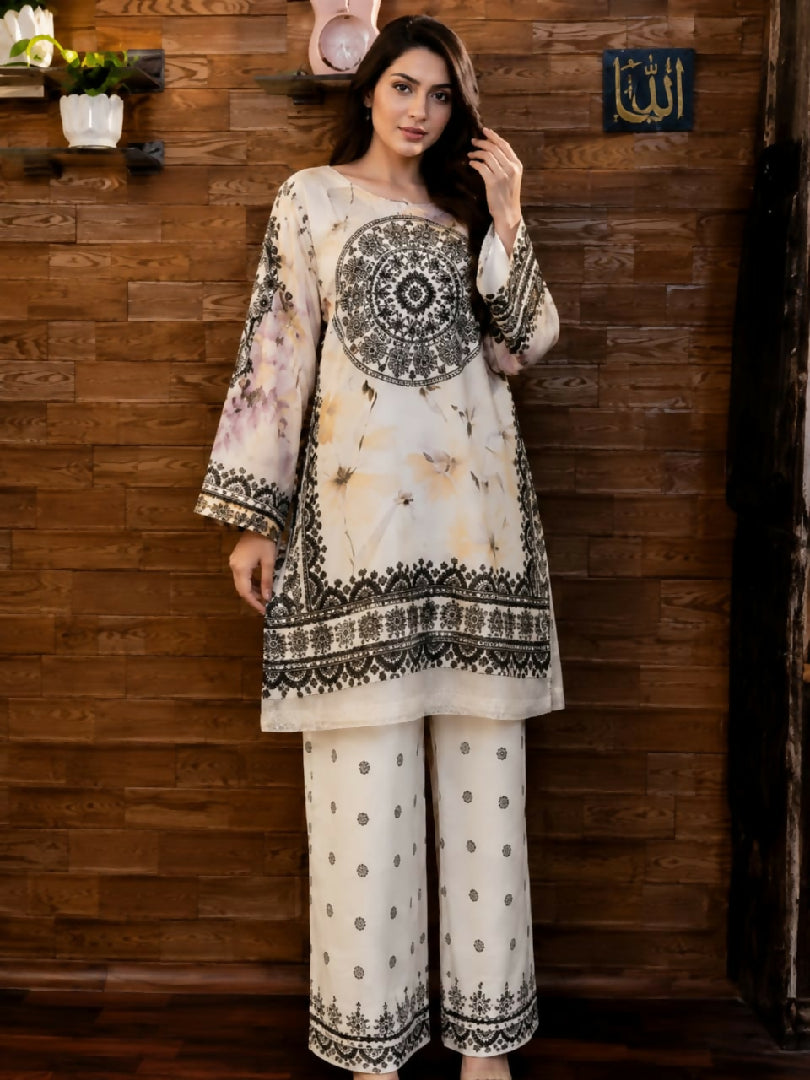Womens Stitched 2 Piece Printed Lawn Cotton Suit Ready to Wear Digital Printed Kurti Straight Trouser Elegant Pakistani Ladies Dress