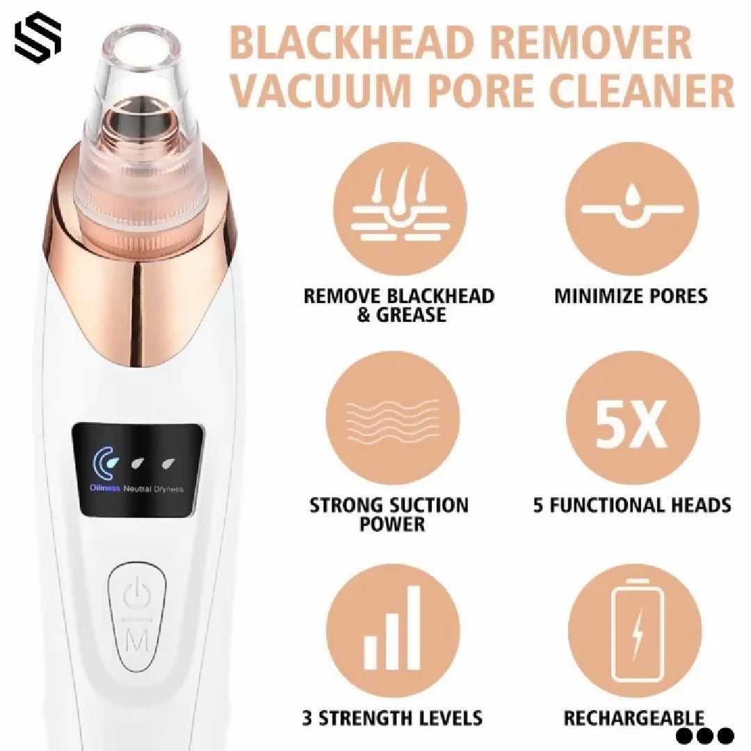 Blackhead Removal Machine Derma Suction 5 In 1 Black Head Remover Machine Acne Pimple Pore Cleaner Vacuum Tool Rechargeable Machine Oil Remover Multi-Functional Skin Care Tools Facial Beauty Device Whitehead Remover Deep face dust Cleaner