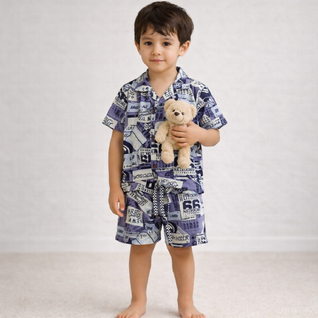 Kids Printed Linen Short Pajama Set