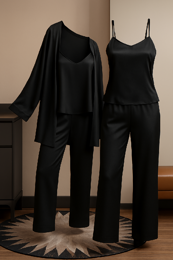 3-Piece Premium Satin Sleepwear Set for Women - Camisole Pants and Robe - Free Size