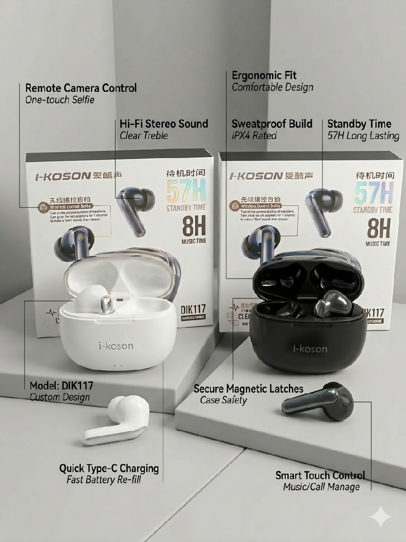 I KOSON DIK117 Wireless Earbuds Bluetooth 5 3 Headphones with Remote Selfie Control 8H Music Time 57H Standby And Crystal Clear Audio