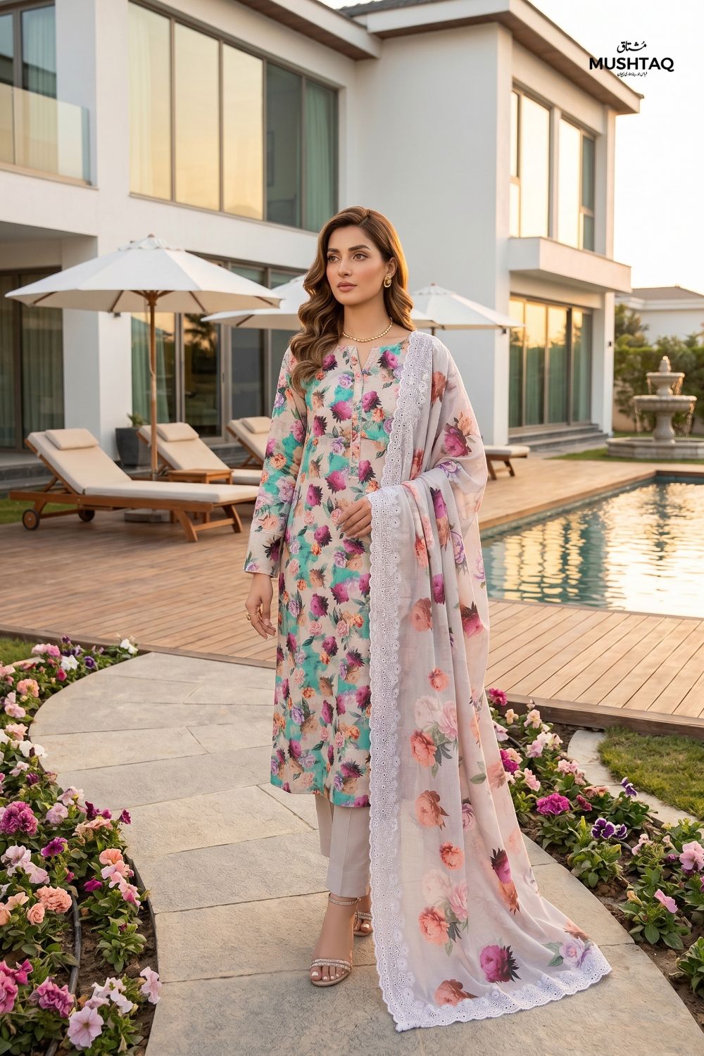 3-Piece Unstitched Printed Lawn Suit with Two-Sided Embroidered Dupatta | Mushtaq Esha Collection – Design 3