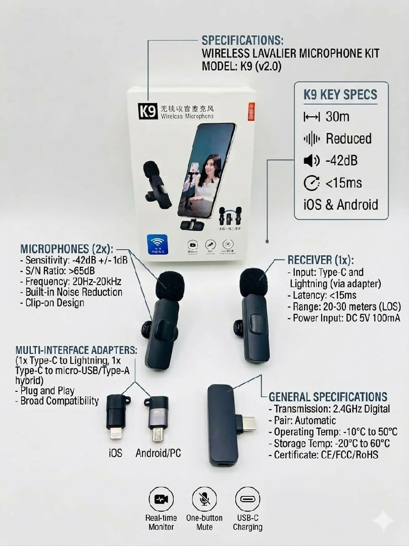 K9 3 in 1 Dual Wireless Microphone Professional Lavalier Mic for iPhone Type C and Android Plug and Play Noise Reduction Mic for Vlogging YouTube TikTok and Live Streaming