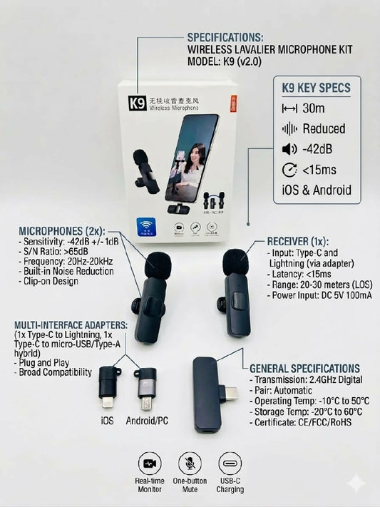 K9 3 in 1 Dual Wireless Microphone Professional Lavalier Mic for iPhone Type C and Android Plug and Play Noise Reduction Mic for Vlogging YouTube TikTok and Live Streaming