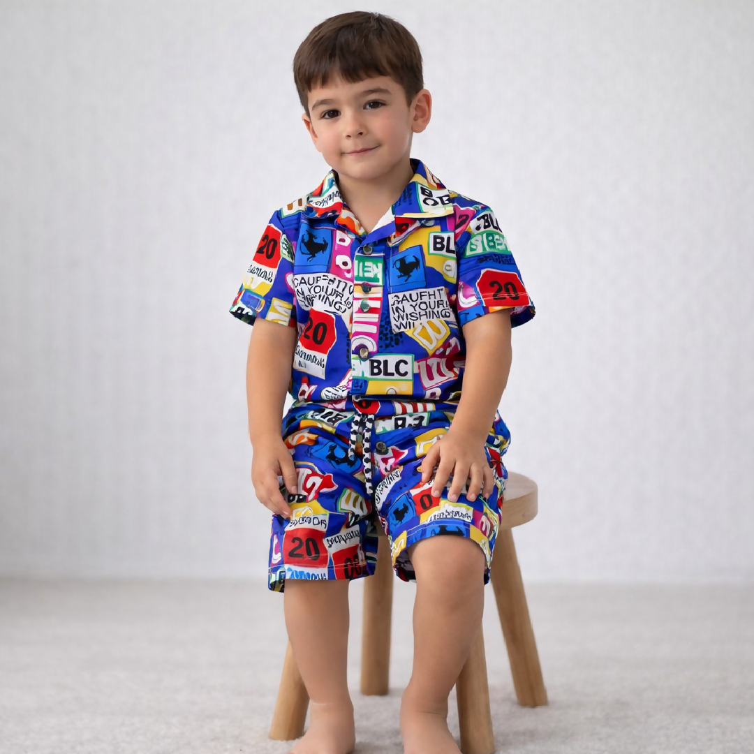 Kids Printed Linen Short Pajama Set