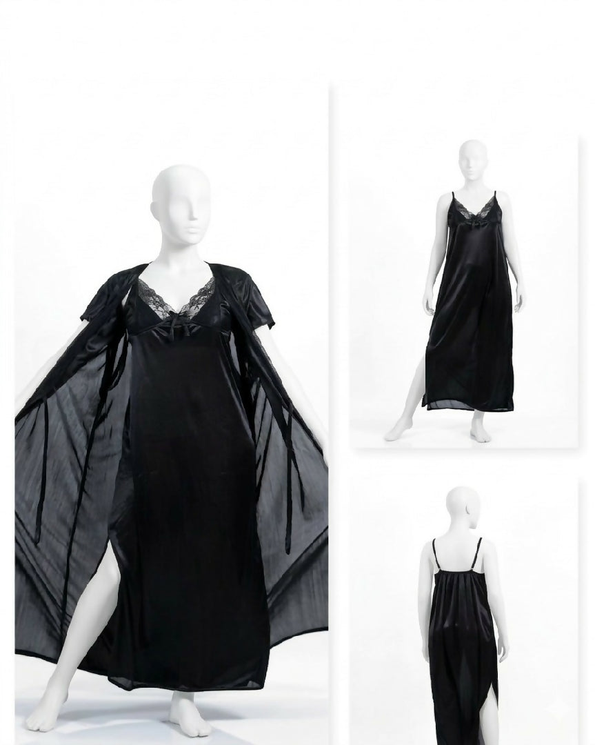 2 Pcs Premium Silk Lace Womens Sleepwear Set Inner Gown Nightwear Size Free