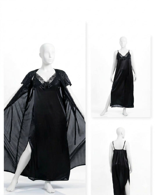 2 Pcs Premium Silk Lace Womens Sleepwear Set Inner Gown Nightwear Size Free