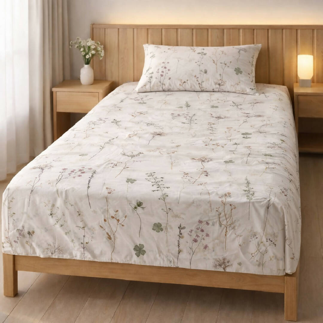 Single Bed Beige Cotton Floral Printed Bedsheet with Pillow Cover
