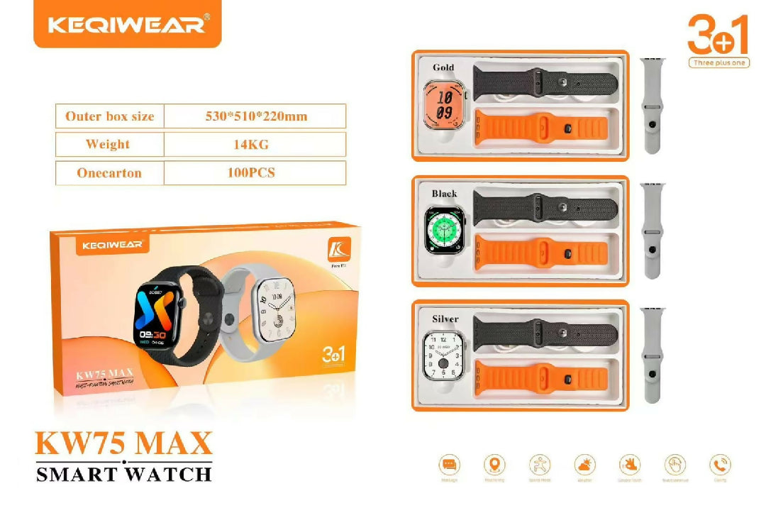 Keqiwear KW75 Max Smartwatch 2 inch HD Display Bluetooth Calling 3 Interchangeable Straps Wireless Charging