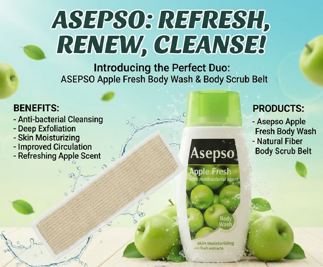 Asepso Apple Fresh Body Wash and Natural Fiber Body Scrub Belt Duo Pack Antibacterial Deep Cleansing Skin Moisturizing Body Care Set For Men And Women