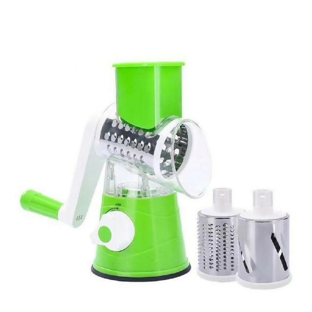 FALARI Tabletop Drum Grater Manual Rotary Vegetable Slicer Shredder and Cutter with 3 Interchangeable Stainless Steel Drums Random color