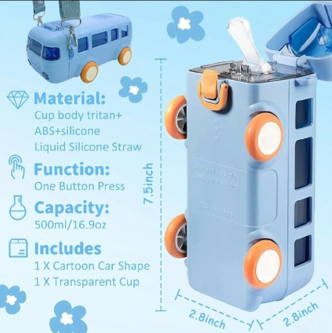 500ml Cute Bus Shape Water Bottle For Kids With Straw And Strap Leakproof Portable Sipper Bottle