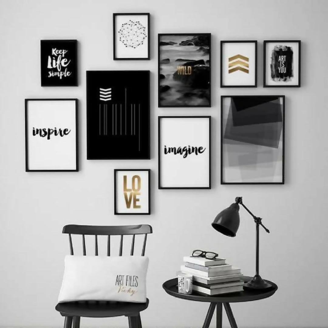 Set Of 10 Modern Motivational Photo Frames Black And White Inspirational Quotes And Abstract Designs Wooden MDF - Double Tape Includes