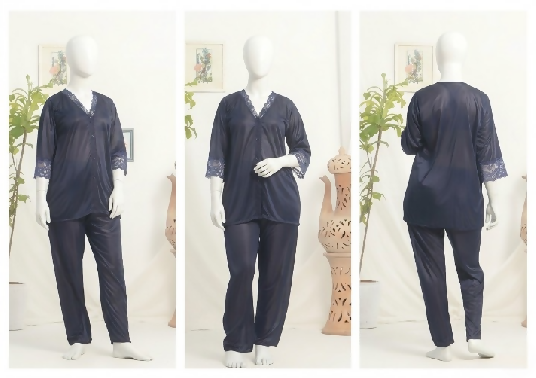 Womens Luxury Silk Satin Pajama Set with Elegant Lace Trim SKU R-010 Free Size
